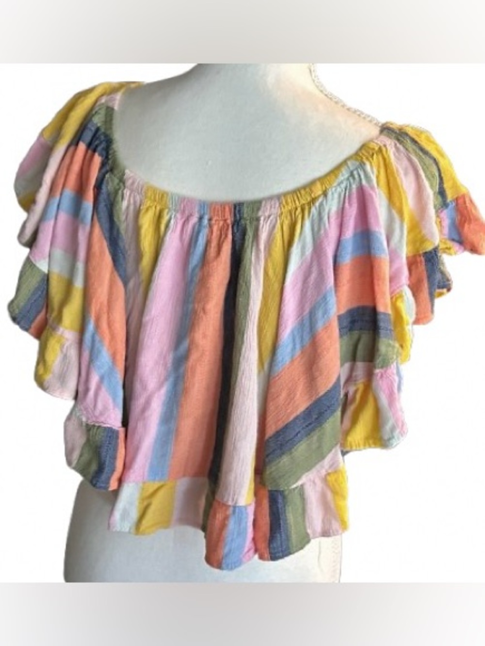 Crop Angie Pastel Rainbow StripeTop Shirt Large Boho Cropped Ruffle Beach Beachy - Picture 6 of 11